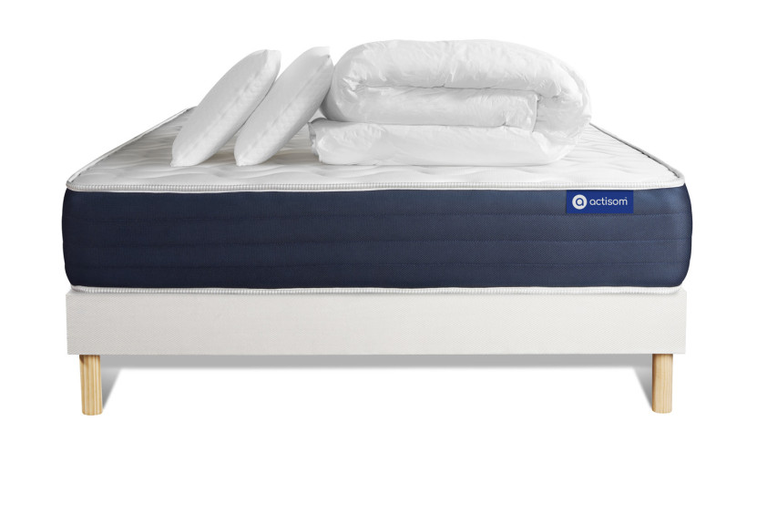 Pack lit complet 200x200 cm - Matelas + Sommier Blanc (en kit) + 2 oreillers + Couette - Actilatex Sleep