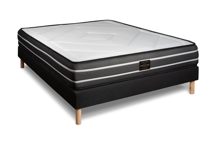 Pack lit complet 200x200 cm - Matelas + Sommier Noir (en kit) + 2 oreillers + Couette - Exclusive