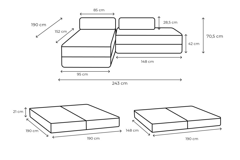 Canapé d'angle 5 places - 2 modules convertibles : Canapé 2 places + Méridienne - Velours côtelé XL Blanc
