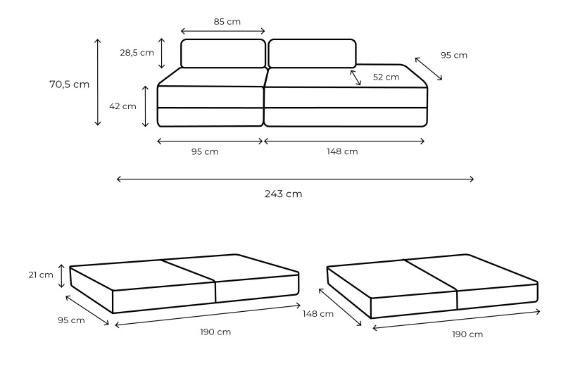 Canapé 3 places - 2 modules convertibles : Canapé 2 places + Fauteuil - Velours côtelé XL Rose