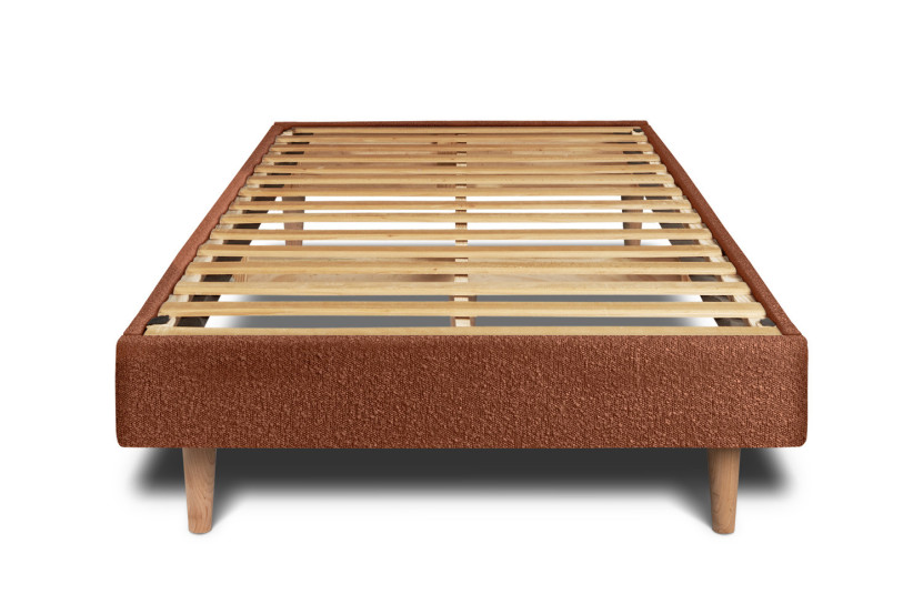 Lit 90x200 cm - Sommier à lattes H29 cm + tête de lit tapissée - Tissu Bouclette Terracotta