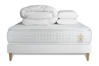 Pack lit complet 200x200 cm - Matelas + Sommier Blanc (en kit) + 2 oreillers + Couette - Vingt-Quatre PLUS