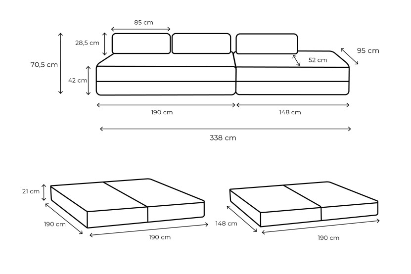 Canapé 5 places - 2 modules convertibles : Canapé 3 places + Canapé 2 places - Velours côtelé Taupe