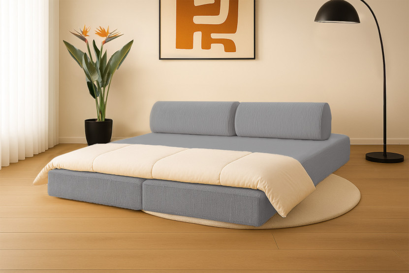 Canapé 3 places convertible et modulable - Velours côtelé Gris clair