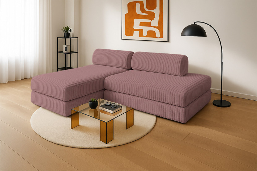 Canapé d'angle 5 places - 2 modules convertibles : Canapé 2 places + Méridienne - Velours côtelé XL Rose