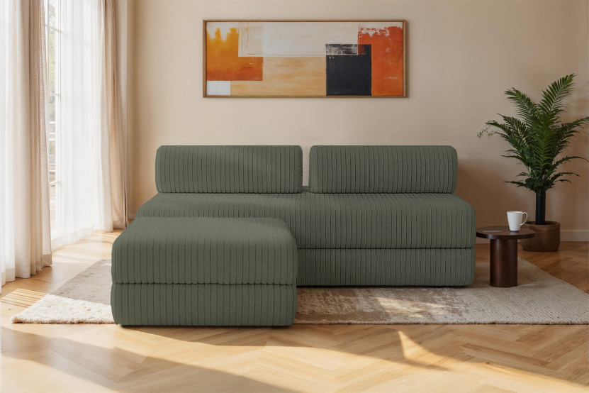 Canapé d'angle 4 places - 2 modules convertibles : Canapé 3 places + Pouf - Velours côtelé XL Vert