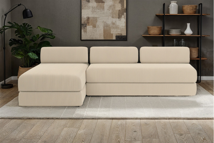 Canapé d'angle 6 places - 2 modules convertibles : Canapé 3 places + Méridienne - Velours côtelé Beige