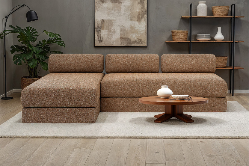 Canapé d'angle 6 places - 2 modules convertibles : Canapé 3 places + Méridienne - Tissu tweed Marron