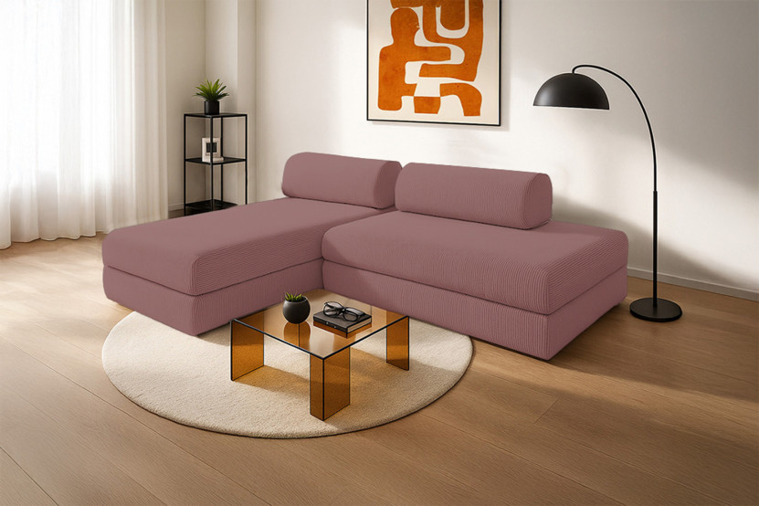 Canapé d'angle 5 places - 2 modules convertibles : Canapé 2 places + Méridienne - Velours côtelé Rose