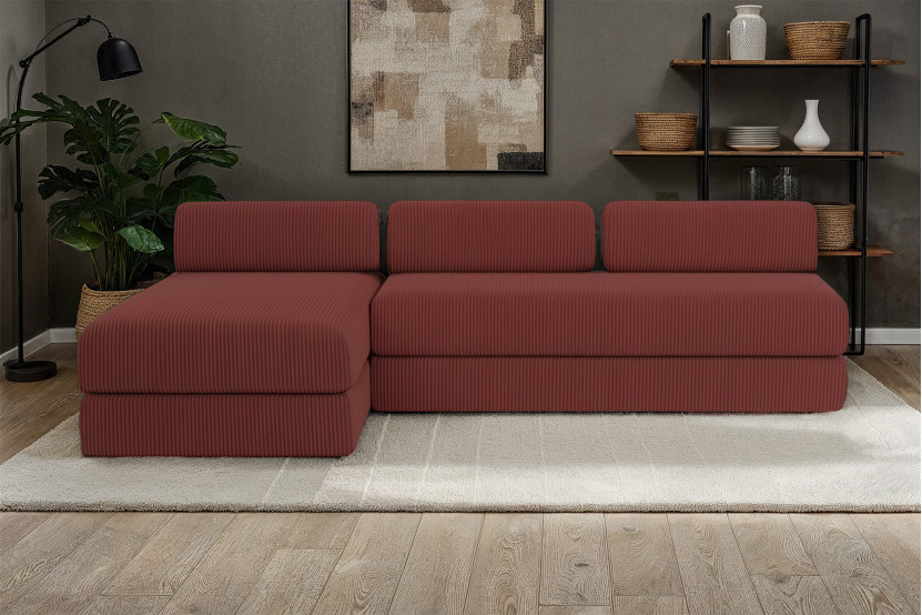 Canapé d'angle 6 places - 2 modules convertibles : Canapé 3 places + Méridienne - Velours côtelé Rouge