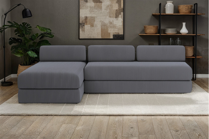 Canapé d'angle 6 places - 2 modules convertibles : Canapé 3 places + Méridienne - Velours côtelé Gris