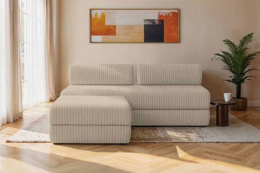 Canapé d'angle 4 places - 2 modules convertibles : Canapé 3 places + Pouf - Velours côtelé XL Taupe