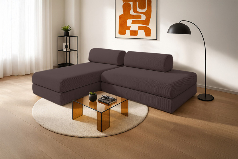 Canapé d'angle 5 places - 2 modules convertibles : Canapé 2 places + Méridienne - Velours côtelé Marron