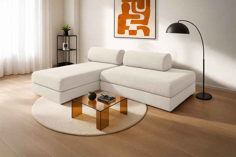 Canapé d'angle 5 places - 2 modules convertibles : Canapé 2 places + Méridienne - Velours côtelé Blanc