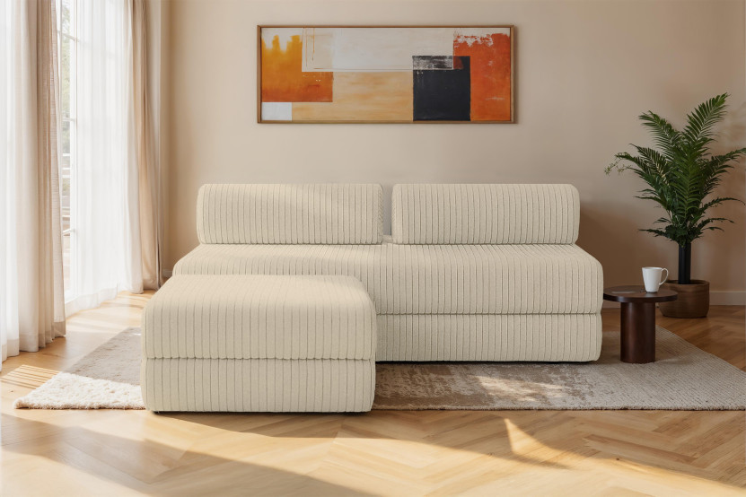 Canapé d'angle 4 places - 2 modules convertibles : Canapé 3 places + Pouf - Velours côtelé XL Beige