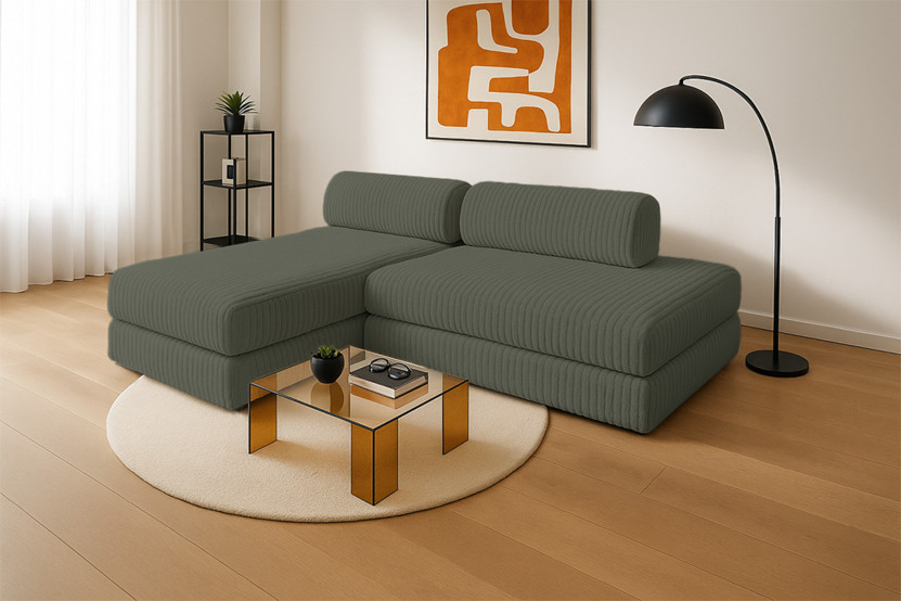 Canapé d'angle 5 places - 2 modules convertibles : Canapé 2 places + Méridienne - Velours côtelé XL Vert