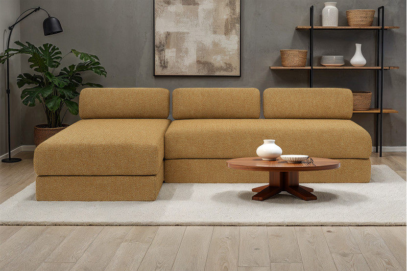 Canapé d'angle 6 places - 2 modules convertibles : Canapé 3 places + Méridienne - Tissu tweed Jaune