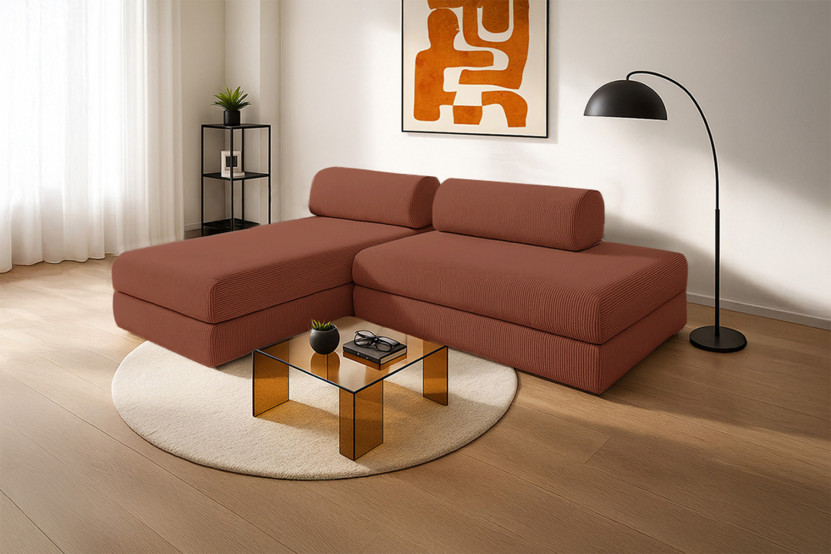 Canapé d'angle 5 places - 2 modules convertibles : Canapé 2 places + Méridienne - Velours côtelé Terracotta