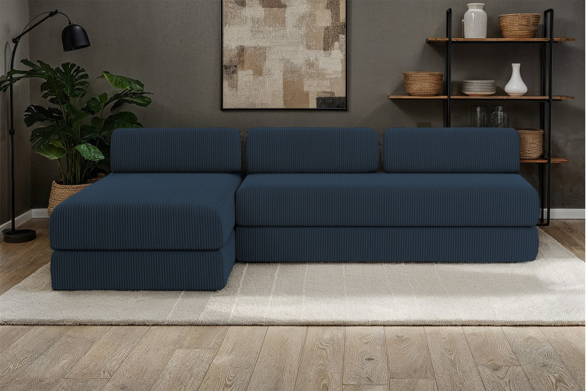 Canapé d'angle 6 places - 2 modules convertibles : Canapé 3 places + Méridienne - Velours côtelé Bleu