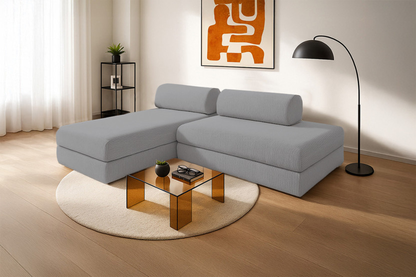 Canapé d'angle 5 places - 2 modules convertibles : Canapé 2 places + Méridienne - Velours côtelé Gris clair