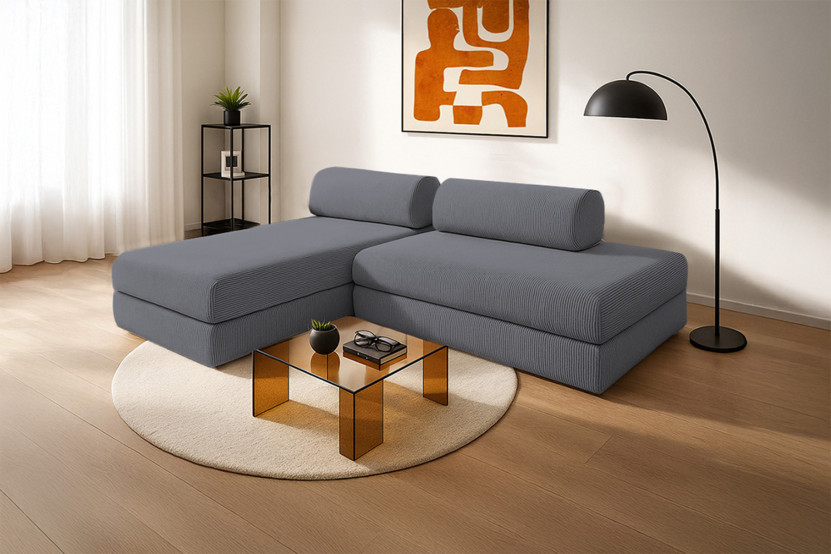 Canapé d'angle 5 places - 2 modules convertibles : Canapé 2 places + Méridienne - Velours côtelé Gris