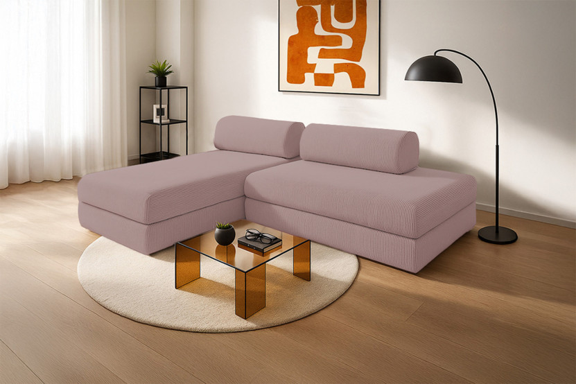 Canapé d'angle 5 places - 2 modules convertibles : Canapé 2 places + Méridienne - Velours côtelé Rose pâle