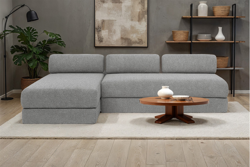 Canapé d'angle 6 places - 2 modules convertibles : Canapé 3 places + Méridienne - Tissu tweed Gris