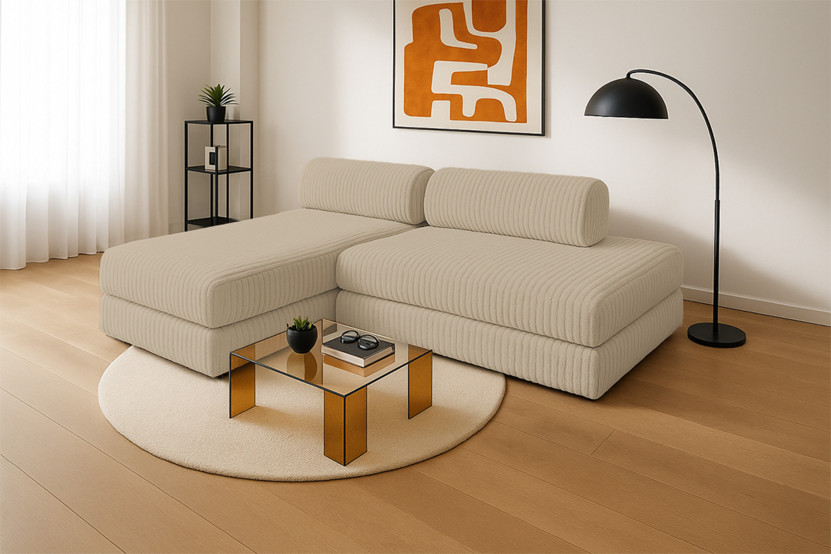 Canapé d'angle 5 places - 2 modules convertibles : Canapé 2 places + Méridienne - Velours côtelé XL Taupe