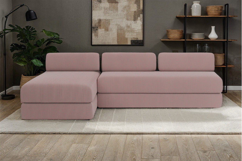 Canapé d'angle 6 places - 2 modules convertibles : Canapé 3 places + Méridienne - Velours côtelé Rose pâle