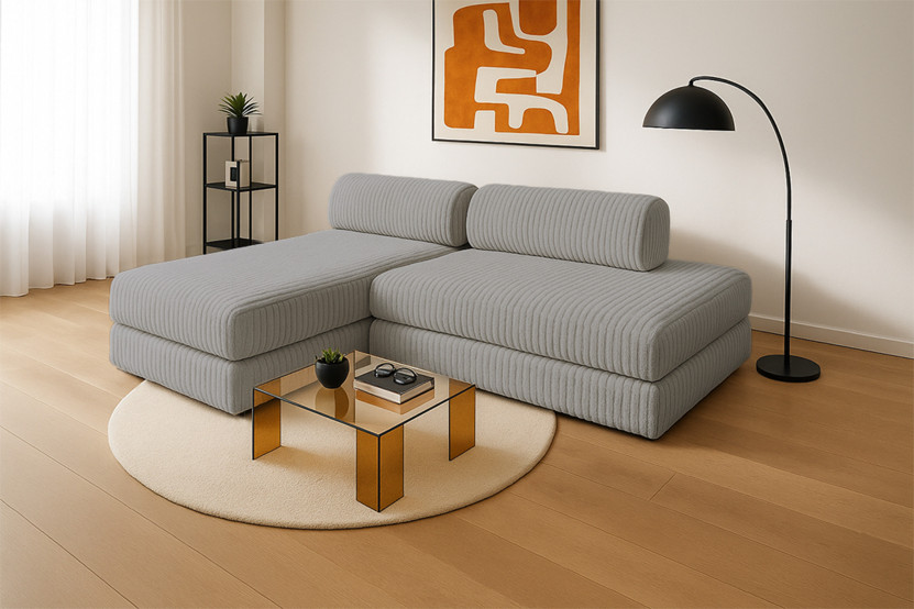 Canapé d'angle 5 places - 2 modules convertibles : Canapé 2 places + Méridienne - Velours côtelé XL Gris clair