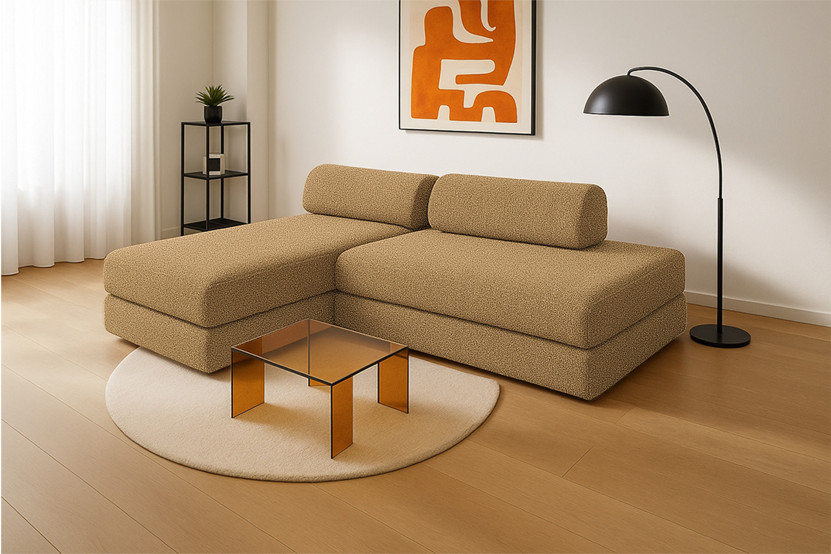 Canapé d'angle 5 places - 2 modules convertibles : Canapé 2 places + Méridienne - Tissu tweed Jaune