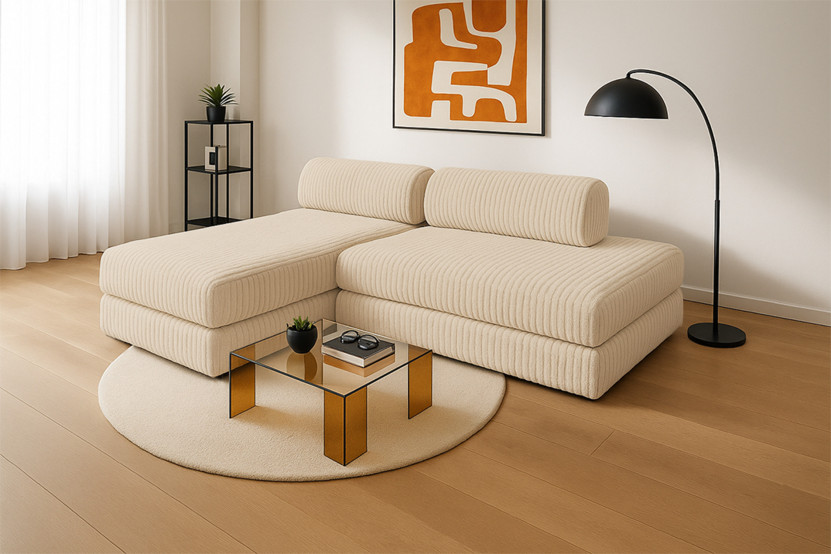 Canapé d'angle 5 places - 2 modules convertibles : Canapé 2 places + Méridienne - Velours côtelé XL Beige