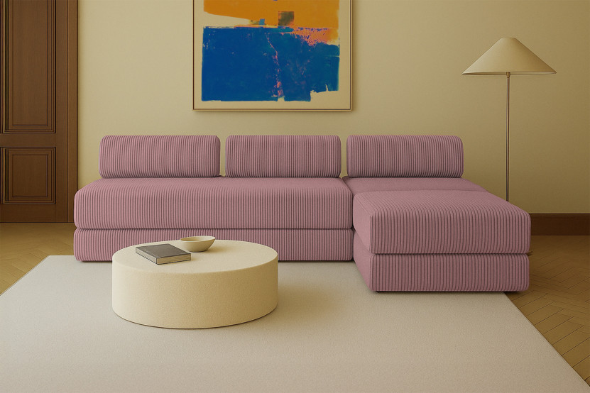 Canapé d'angle 6 places - 3 modules convertibles : Canapé 3 places + Fauteuil + Pouf - Velours côtelé XL Rose