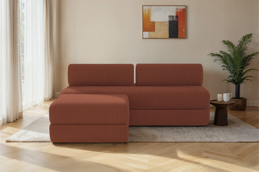 Canapé d'angle 4 places - 2 modules convertibles : Canapé 3 places + Pouf - Velours côtelé Terracotta