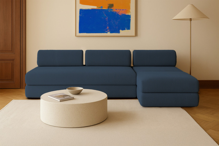 Canapé d'angle 6 places - 3 modules convertibles : Canapé 3 places + Fauteuil + Pouf - Velours côtelé Bleu