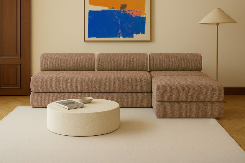 Canapé d'angle 6 places - 3 modules convertibles : Canapé 3 places + Fauteuil + Pouf - Tissu tweed Marron