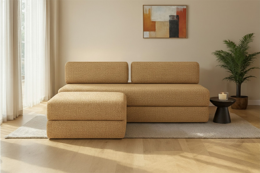 Canapé d'angle 4 places - 2 modules convertibles : Canapé 3 places + Pouf - Tissu tweed Jaune