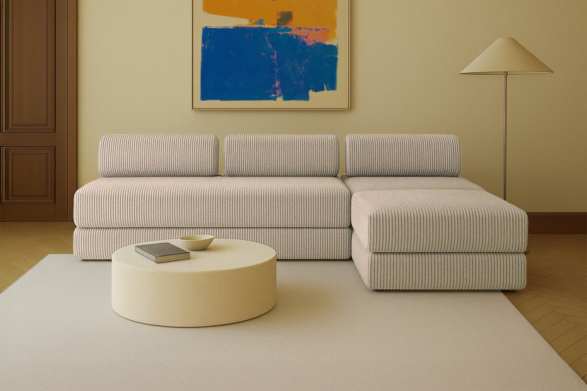 Canapé d'angle 6 places - 3 modules convertibles : Canapé 3 places + Fauteuil + Pouf - Velours côtelé XL Taupe