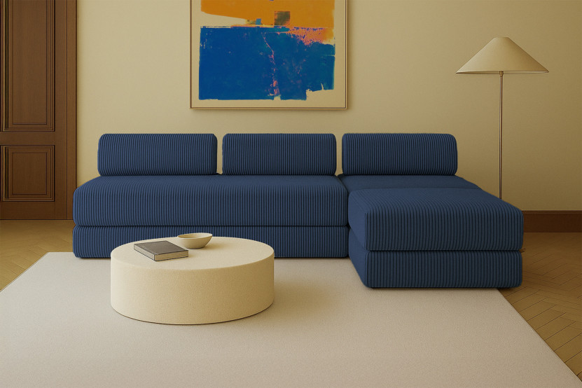 Canapé d'angle 6 places - 3 modules convertibles : Canapé 3 places + Fauteuil + Pouf - Velours côtelé XL Bleu