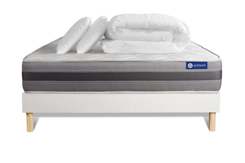 Pack lit complet 140x190 cm - Matelas + Sommier Blanc (en kit) + 2 oreillers + Couette - Actilatex Relax