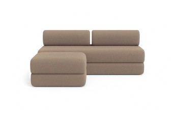 Canapé d'angle 4 places - 2 modules convertibles : Canapé 3 places + Pouf - Tissu lisse Marron