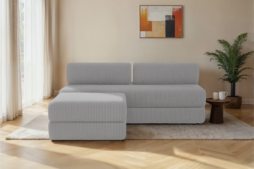 Canapé d'angle 4 places - 2 modules convertibles : Canapé 3 places + Pouf - Velours côtelé Gris clair