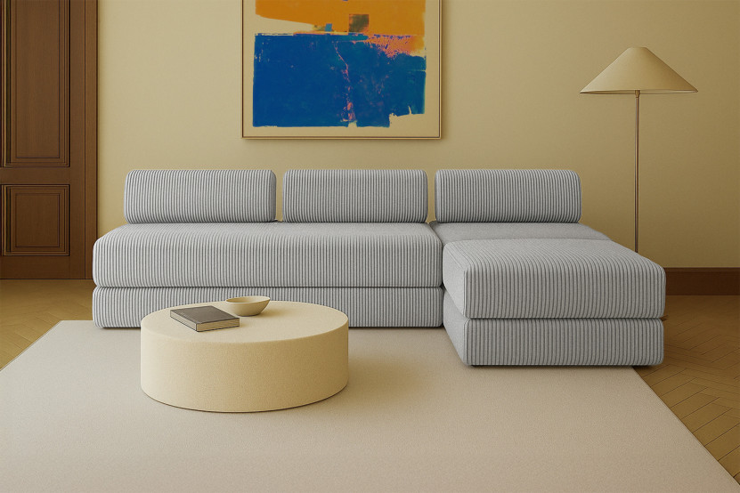 Canapé d'angle 6 places - 3 modules convertibles : Canapé 3 places + Fauteuil + Pouf - Velours côtelé XL Gris clair