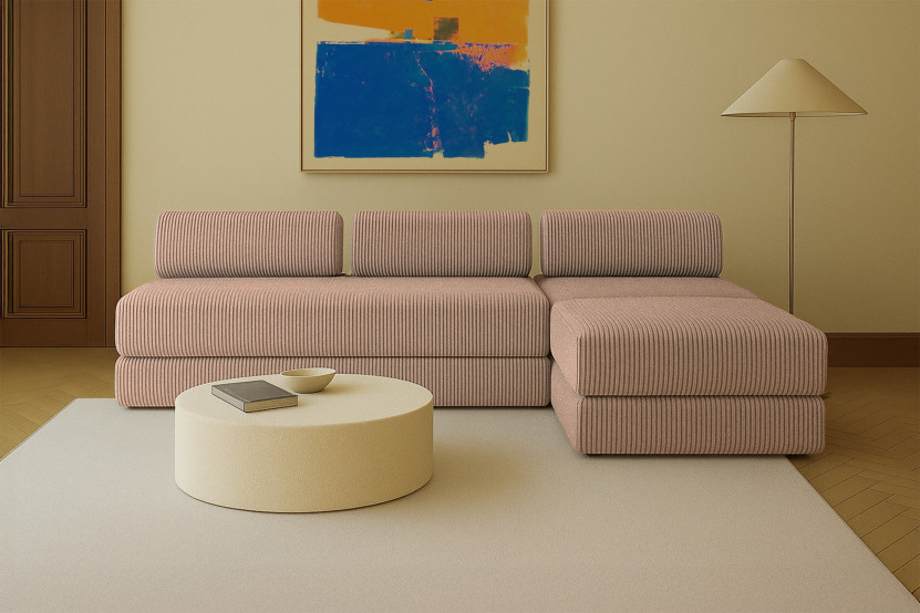 Canapé d'angle 6 places - 3 modules convertibles : Canapé 3 places + Fauteuil + Pouf - Velours côtelé XL Marron