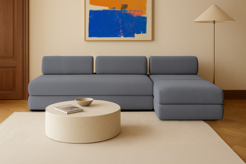 Canapé d'angle 6 places - 3 modules convertibles : Canapé 3 places + Fauteuil + Pouf - Velours côtelé Gris