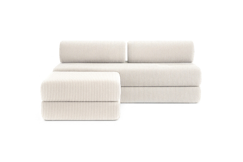 Canapé d'angle 4 places - 2 modules convertibles : Canapé 3 places + Pouf - Velours côtelé Blanc