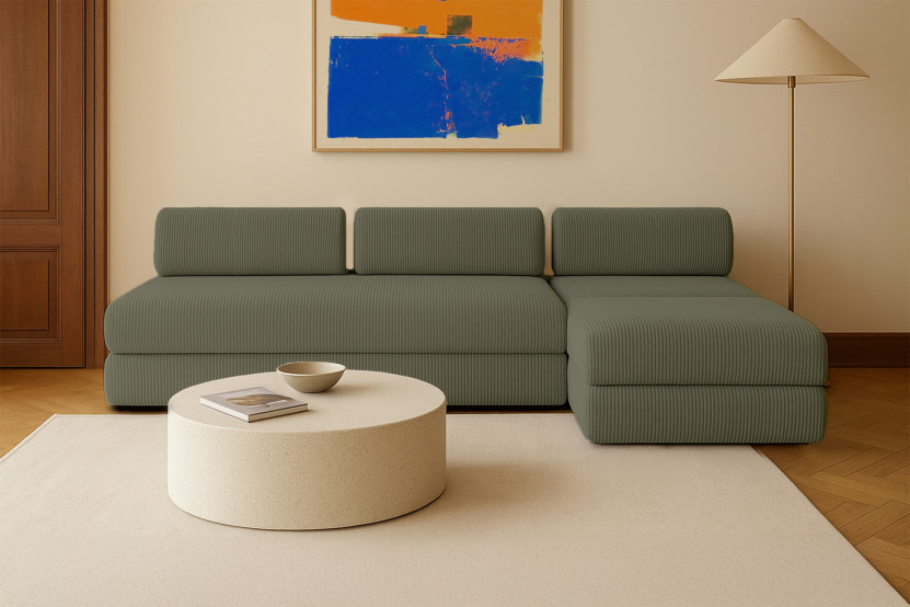 Canapé 6 places - 3 modules convertibles : Canapé 3 places + Fauteuil + Pouf - Velours côtelé Vert