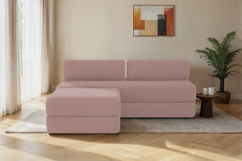 Canapé d'angle 4 places - 2 modules convertibles : Canapé 3 places + Pouf - Velours côtelé Rose pâle