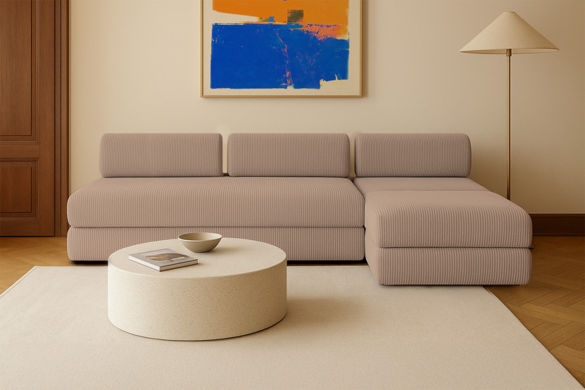 Canapé d'angle 6 places - 3 modules convertibles : Canapé 3 places + Fauteuil + Pouf - Velours côtelé Taupe