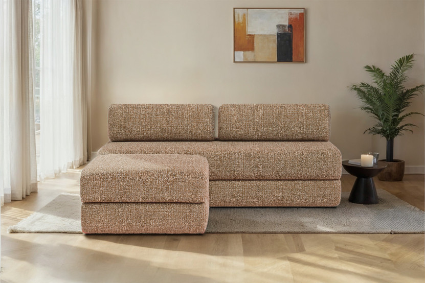 Canapé d'angle 4 places - 2 modules convertibles : Canapé 3 places + Pouf - Tissu tweed Marron